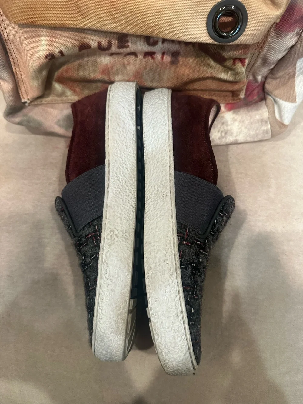Chanel Tweed & Suede Sneaker in Charcoal and Burgundy